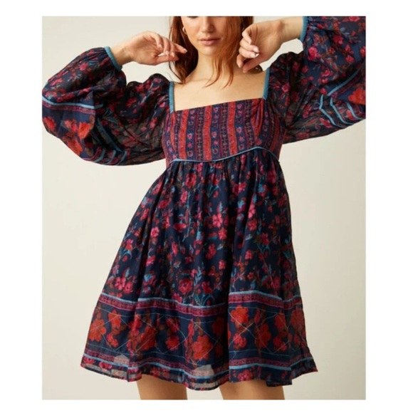 Free People Midnight Combo Mini Dress – Boho Floral, Square Neck, Puff Sleeve - Picture 1 of 8